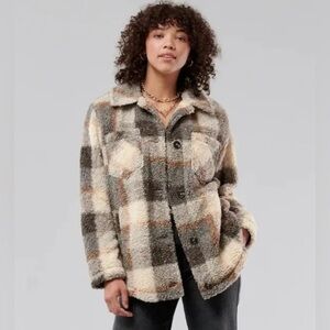 Hollister Plaid Teddy Jacket - Cream, Gray, and Brown